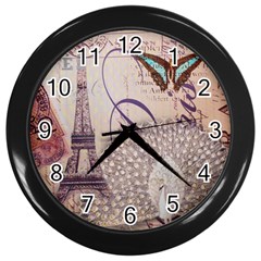White Peacock Paris Eiffel Tower Vintage Bird Butterfly French Botanical Art Wall Clock (black) by chicelegantboutique