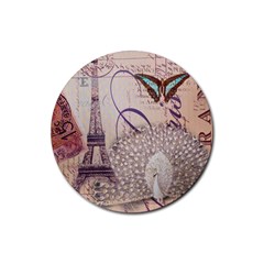 White Peacock Paris Eiffel Tower Vintage Bird Butterfly French Botanical Art Drink Coaster (round) by chicelegantboutique