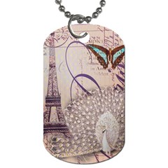 White Peacock Paris Eiffel Tower Vintage Bird Butterfly French Botanical Art Dog Tag (one Sided) by chicelegantboutique
