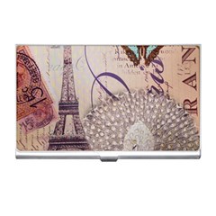 White Peacock Paris Eiffel Tower Vintage Bird Butterfly French Botanical Art Business Card Holder by chicelegantboutique