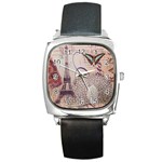 White Peacock Paris Eiffel Tower Vintage Bird Butterfly French Botanical Art Square Leather Watch Front