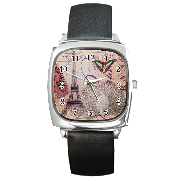 White Peacock Paris Eiffel Tower Vintage Bird Butterfly French Botanical Art Square Leather Watch