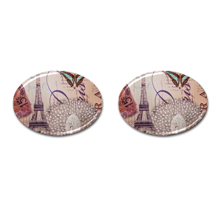 White Peacock Paris Eiffel Tower Vintage Bird Butterfly French Botanical Art Cufflinks (Oval)