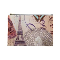 White Peacock Paris Eiffel Tower Vintage Bird Butterfly French Botanical Art Cosmetic Bag (large) by chicelegantboutique