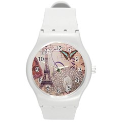 White Peacock Paris Eiffel Tower Vintage Bird Butterfly French Botanical Art Plastic Sport Watch (medium) by chicelegantboutique