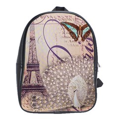 White Peacock Paris Eiffel Tower Vintage Bird Butterfly French Botanical Art School Bag (xl) by chicelegantboutique