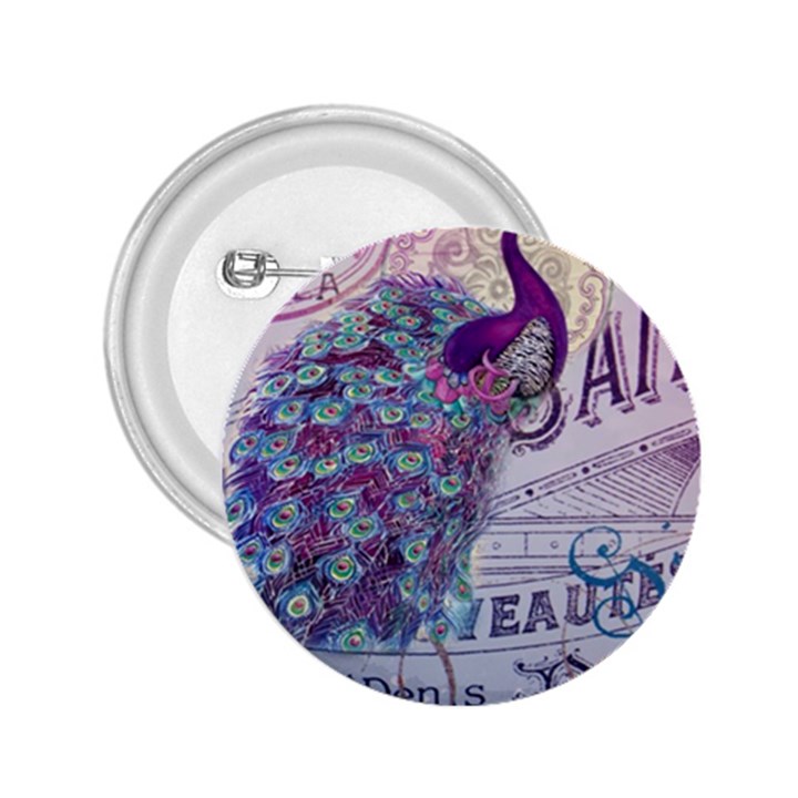 French Scripts  Purple Peacock Floral Paris Decor 2.25  Button