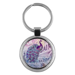 French Scripts  Purple Peacock Floral Paris Decor Key Chain (round) by chicelegantboutique