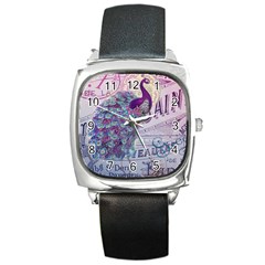 French Scripts  Purple Peacock Floral Paris Decor Square Leather Watch by chicelegantboutique