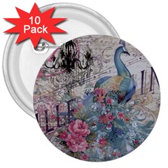 French Vintage Chandelier Blue Peacock Floral Paris Decor 3  Button (10 Pack) by chicelegantboutique