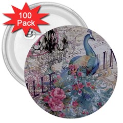 French Vintage Chandelier Blue Peacock Floral Paris Decor 3  Button (100 Pack) by chicelegantboutique