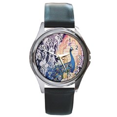 Damask French Scripts  Purple Peacock Floral Paris Decor Round Metal Watch (silver Rim) by chicelegantboutique