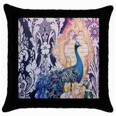 Damask French Scripts  Purple Peacock Floral Paris Decor Black Throw Pillow Case by chicelegantboutique