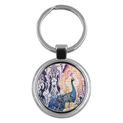 Damask French Scripts  Purple Peacock Floral Paris Decor Key Chain (round)