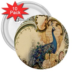 Victorian Swirls Peacock Floral Paris Decor 3  Button (10 Pack) by chicelegantboutique