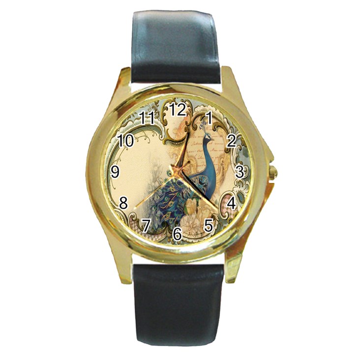 Victorian Swirls Peacock Floral Paris Decor Round Metal Watch (Gold Rim) 