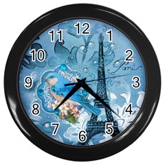 Girly Blue Bird Vintage Damask Floral Paris Eiffel Tower Wall Clock (black) by chicelegantboutique