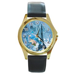 Girly Blue Bird Vintage Damask Floral Paris Eiffel Tower Round Metal Watch (gold Rim)  by chicelegantboutique