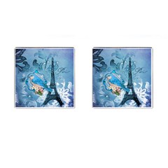Girly Blue Bird Vintage Damask Floral Paris Eiffel Tower Cufflinks (square) by chicelegantboutique