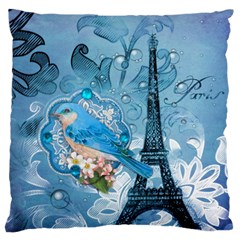 Girly Blue Bird Vintage Damask Floral Paris Eiffel Tower Large Cushion Case (single Sided)  by chicelegantboutique