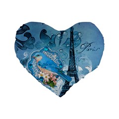 Girly Blue Bird Vintage Damask Floral Paris Eiffel Tower 16  Premium Heart Shape Cushion  by chicelegantboutique