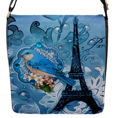 Girly Blue Bird Vintage Damask Floral Paris Eiffel Tower Flap Closure Messenger Bag (small) by chicelegantboutique