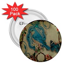 Victorian Girly Blue Bird Vintage Damask Floral Paris Eiffel Tower 2 25  Button (100 Pack) by chicelegantboutique