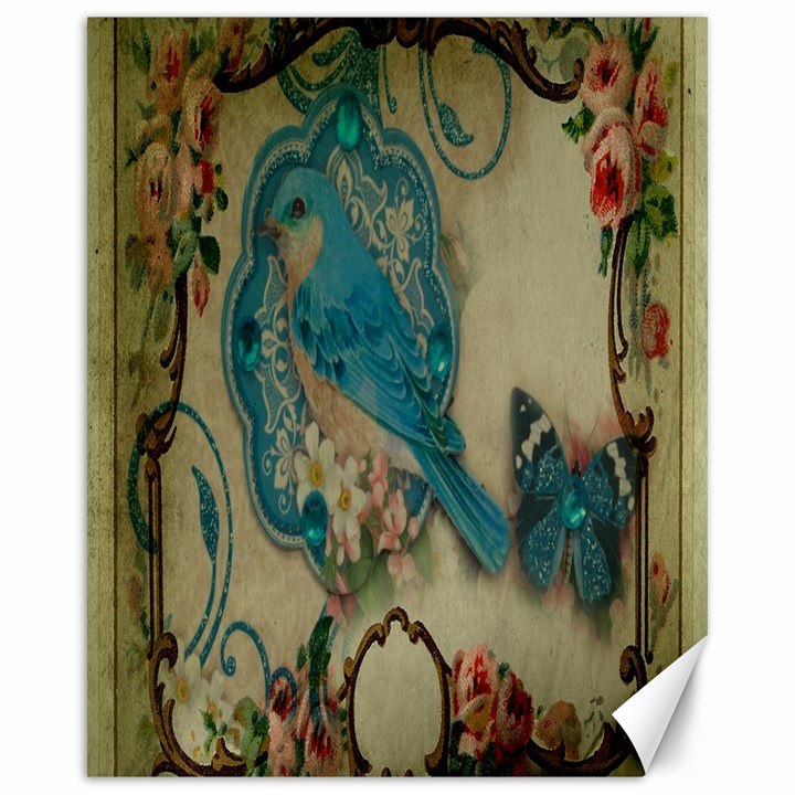 Victorian Girly Blue Bird Vintage Damask Floral Paris Eiffel Tower Canvas 16  x 20  (Unframed)