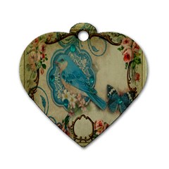 Victorian Girly Blue Bird Vintage Damask Floral Paris Eiffel Tower Dog Tag Heart (one Sided)  by chicelegantboutique