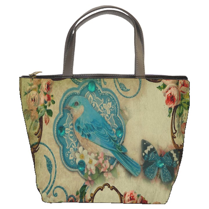 Victorian Girly Blue Bird Vintage Damask Floral Paris Eiffel Tower Bucket Bag