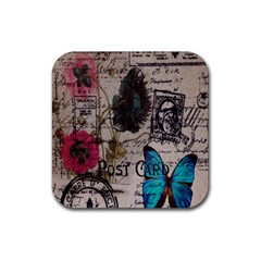 Floral Scripts Blue Butterfly Eiffel Tower Vintage Paris Fashion Drink Coaster (square) by chicelegantboutique