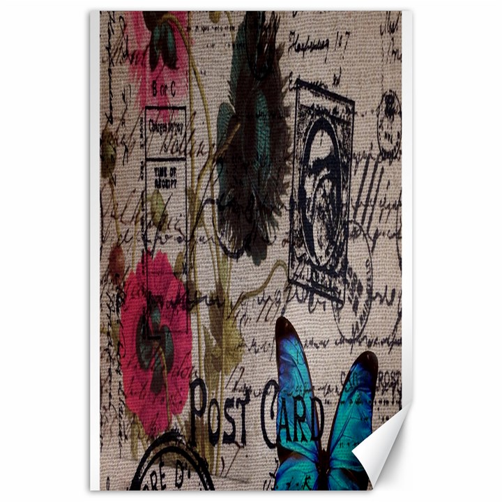 Floral Scripts Blue Butterfly Eiffel Tower Vintage Paris Fashion Canvas 24  x 36  (Unframed)