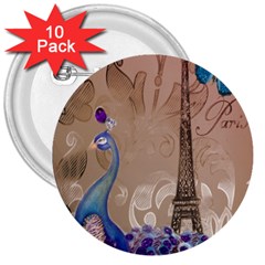 Modern Butterfly  Floral Paris Eiffel Tower Decor 3  Button (10 Pack) by chicelegantboutique