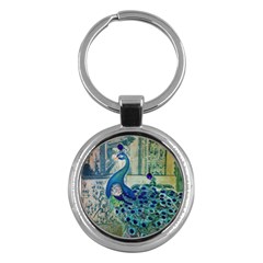 French Scripts Vintage Peacock Floral Paris Decor Key Chain (round) by chicelegantboutique