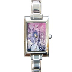 Peacock Feather White Rose Paris Eiffel Tower Rectangular Italian Charm Watch by chicelegantboutique