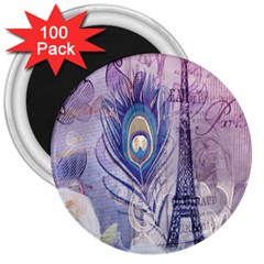 Peacock Feather White Rose Paris Eiffel Tower 3  Button Magnet (100 Pack) by chicelegantboutique