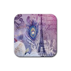 Peacock Feather White Rose Paris Eiffel Tower Drink Coaster (square) by chicelegantboutique