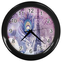 Peacock Feather White Rose Paris Eiffel Tower Wall Clock (black) by chicelegantboutique