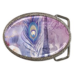 Peacock Feather White Rose Paris Eiffel Tower Belt Buckle (oval) by chicelegantboutique