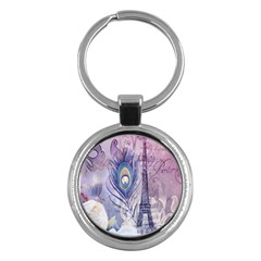 Peacock Feather White Rose Paris Eiffel Tower Key Chain (round)