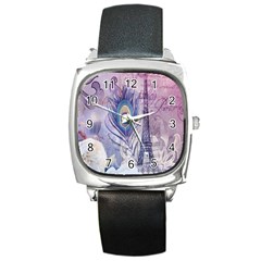 Peacock Feather White Rose Paris Eiffel Tower Square Leather Watch by chicelegantboutique