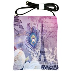 Peacock Feather White Rose Paris Eiffel Tower Shoulder Sling Bag by chicelegantboutique