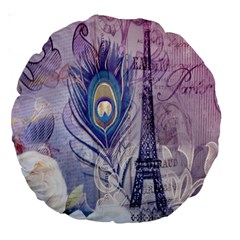 Peacock Feather White Rose Paris Eiffel Tower 18  Premium Round Cushion  by chicelegantboutique