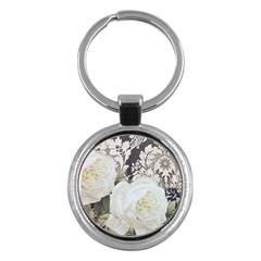 Elegant White Rose Vintage Damask Key Chain (round) by chicelegantboutique