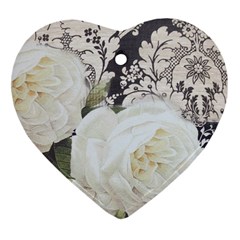 Elegant White Rose Vintage Damask Heart Ornament (two Sides) by chicelegantboutique