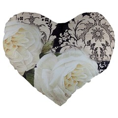 Elegant White Rose Vintage Damask 19  Premium Heart Shape Cushion by chicelegantboutique