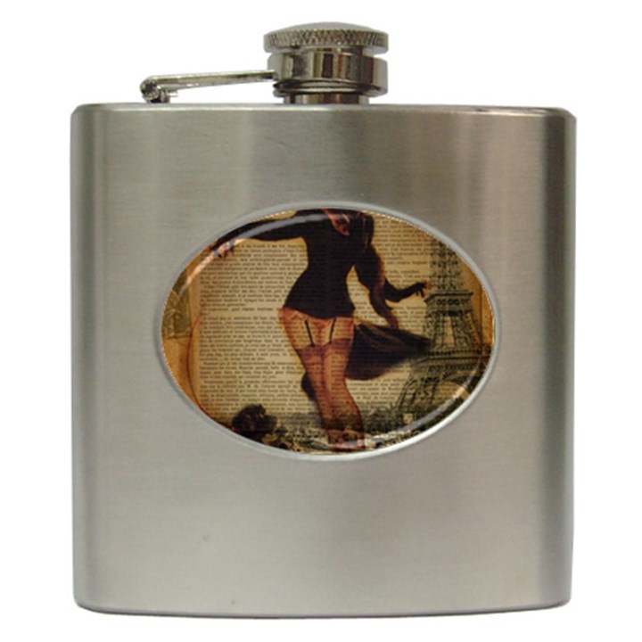 Paris Lady And French Poodle Vintage Newspaper Print Sexy Hot Gil Elvgren Pin Up Girl Paris Eiffel T Hip Flask