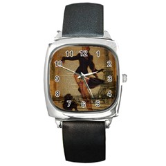 Paris Lady And French Poodle Vintage Newspaper Print Sexy Hot Gil Elvgren Pin Up Girl Paris Eiffel T Square Leather Watch by chicelegantboutique