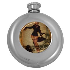 Paris Lady And French Poodle Vintage Newspaper Print Sexy Hot Gil Elvgren Pin Up Girl Paris Eiffel T Hip Flask (round) by chicelegantboutique