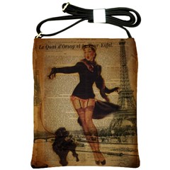 Paris Lady And French Poodle Vintage Newspaper Print Sexy Hot Gil Elvgren Pin Up Girl Paris Eiffel T Shoulder Sling Bag by chicelegantboutique